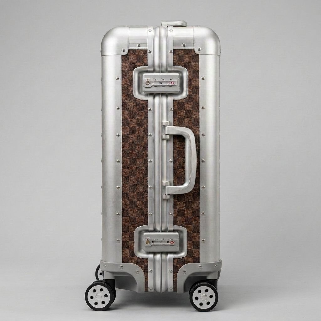 Side profile view of Aeria Prestige The Monarch aluminum travel case in Damier brown, highlighting the dual integrated TSA-approved combination locks, sturdy side handle, and reinforced frame.