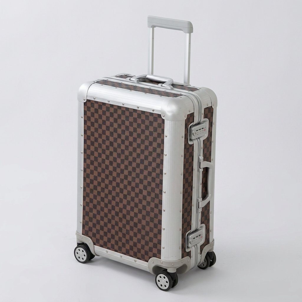 Aeria Prestige The Monarch aluminum travel case in Damier brown checkered pattern, shown in a studio three-quarter view with extendable handle and spinner wheels.