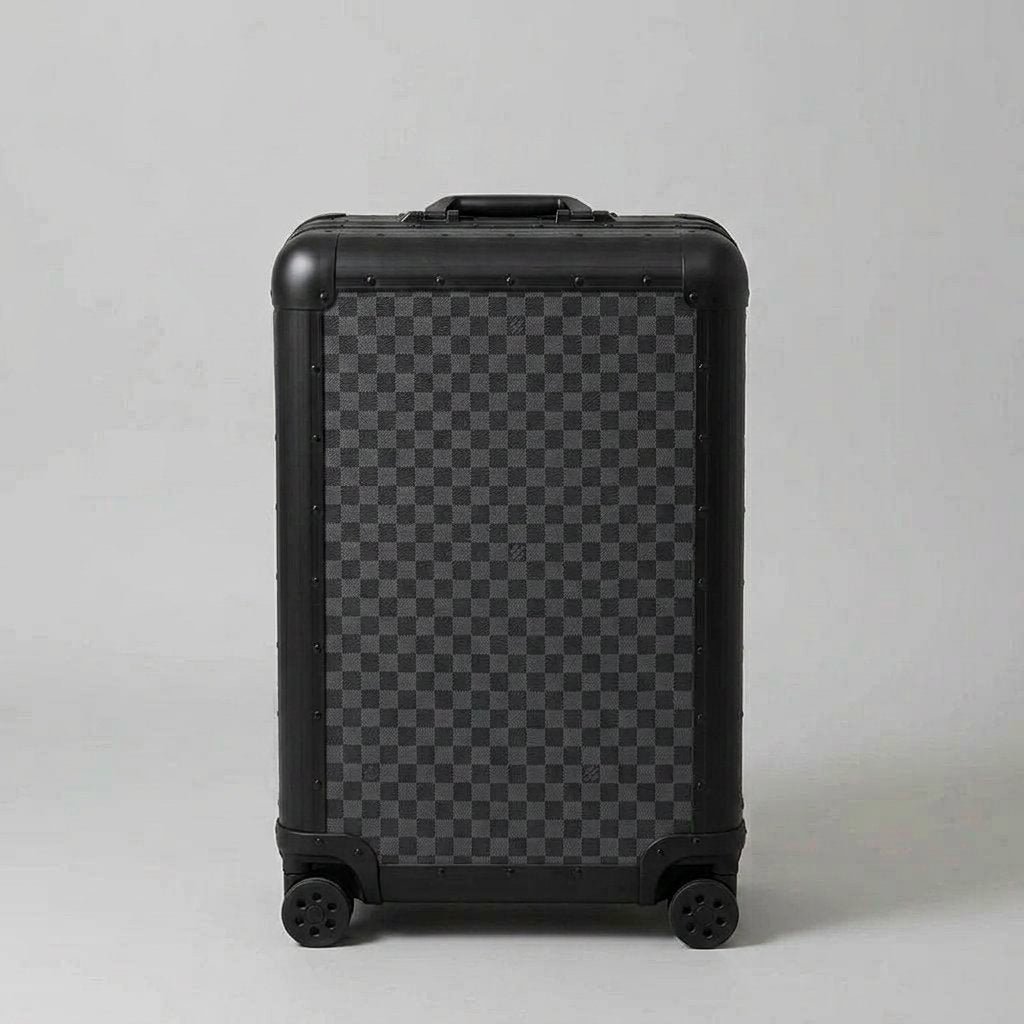 Front view of Aeria Prestige The Monarch aluminum travel case in Matte Obsidian Damier checkered finish, showcasing the sleek black frame, protective corner caps, and smooth spinner wheels.