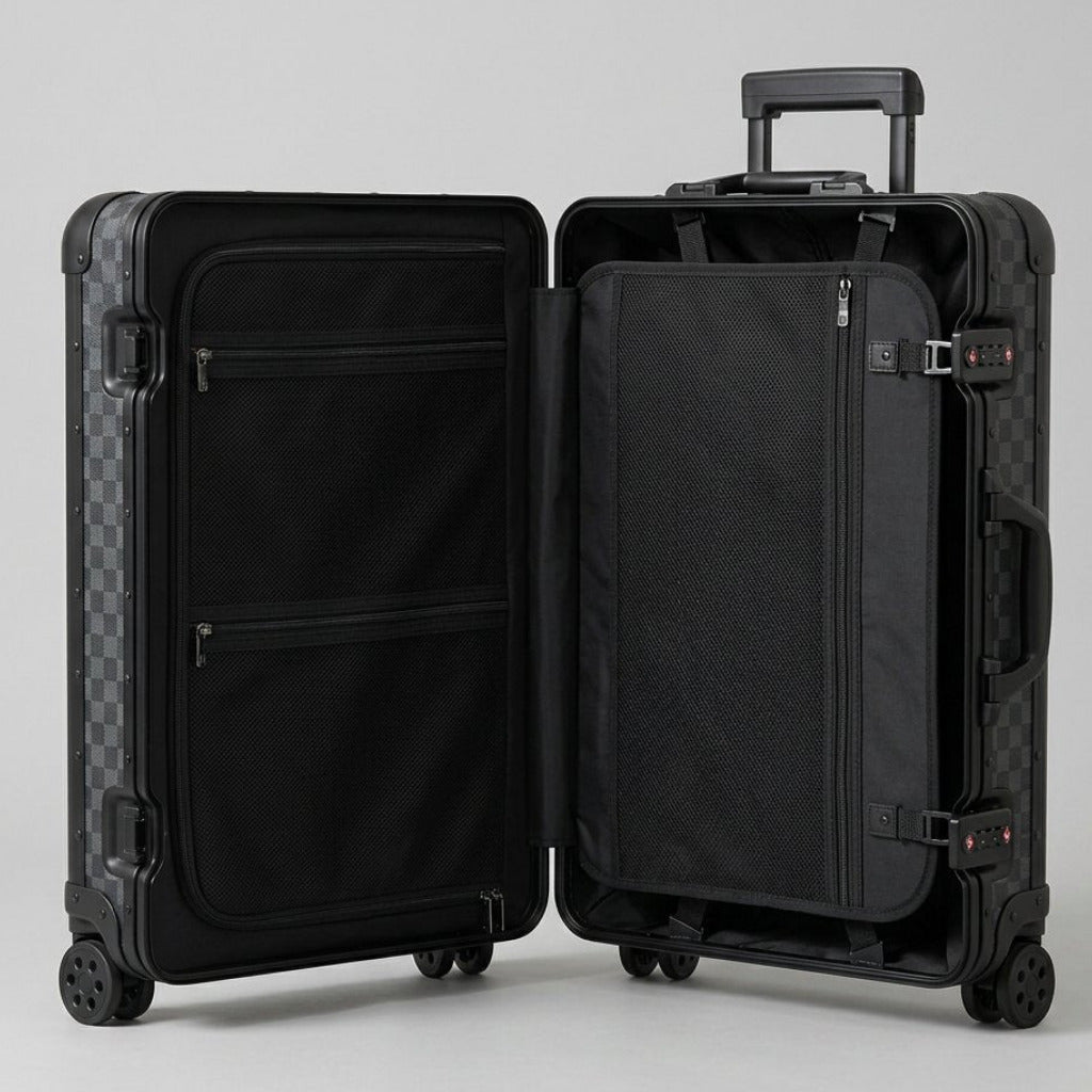 Interior view of Aeria Prestige The Monarch aluminum travel case in Matte Obsidian Damier finish, featuring dual packing compartments, zippered mesh divider pockets, and compression straps for organized travel.