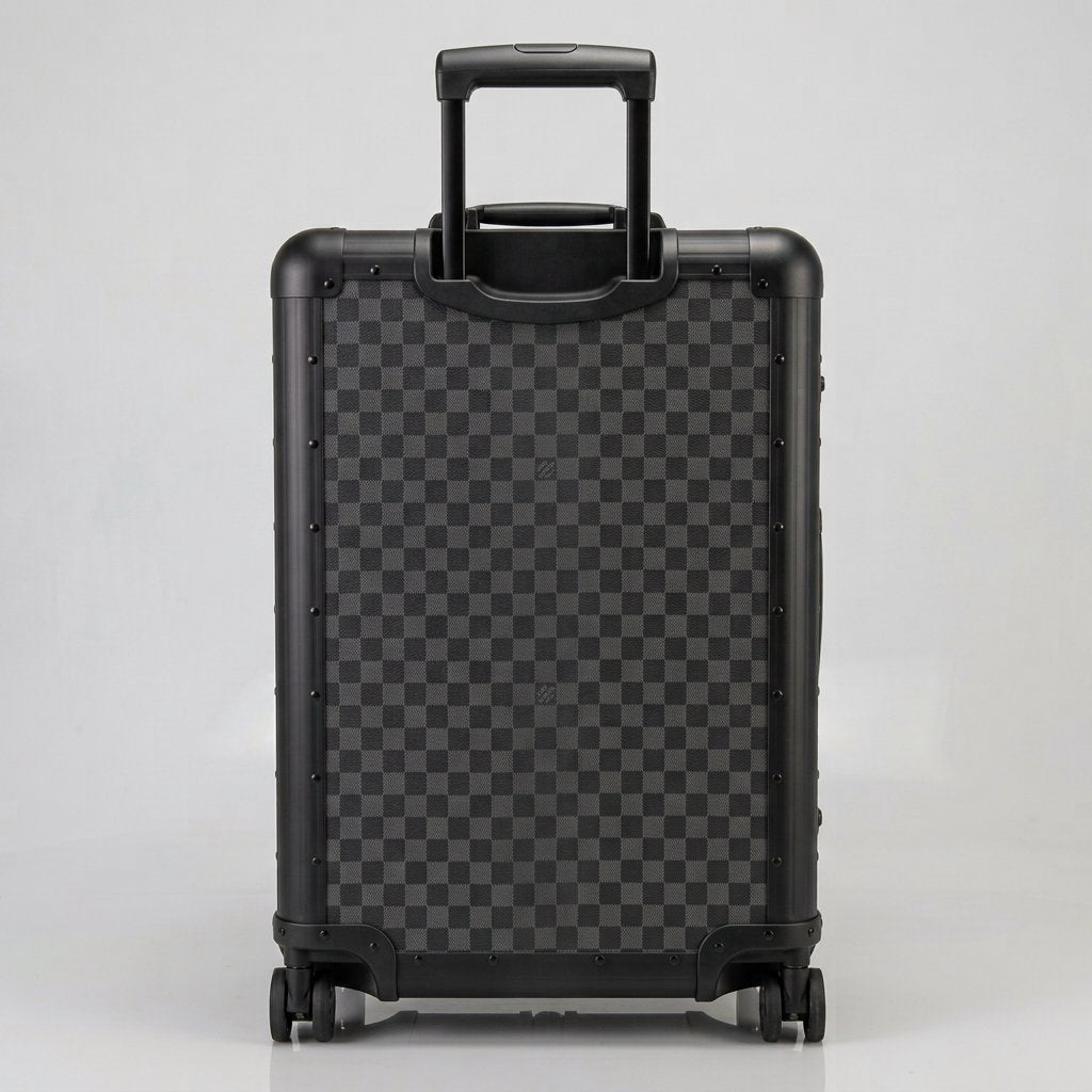 Rear view of Aeria Prestige The Monarch aluminum travel case in Matte Obsidian Damier checkered finish, displaying the retractable handle and smooth-rolling spinner wheels.