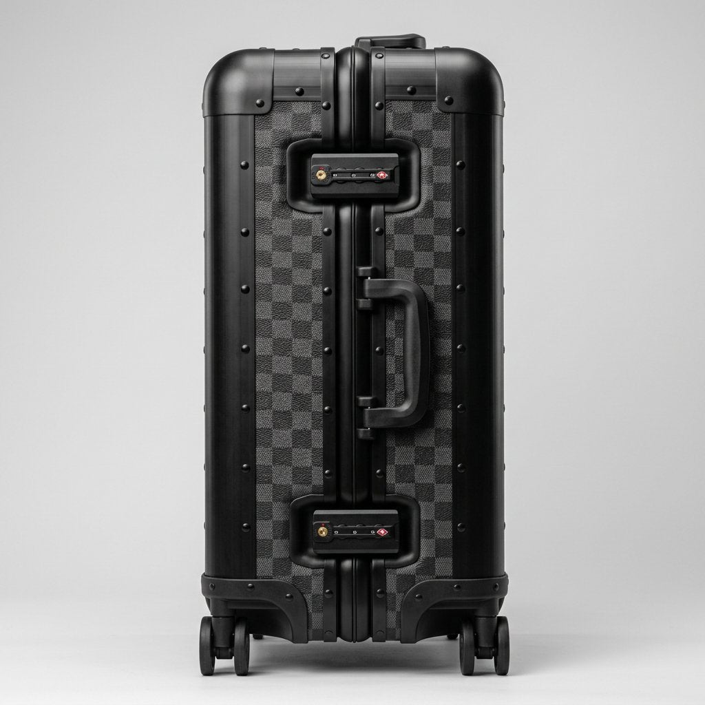 Side profile view of Aeria Prestige The Monarch aluminum travel case in Matte Obsidian Damier finish, highlighting the dual integrated TSA-approved combination locks, sturdy side handle, and reinforced frame.