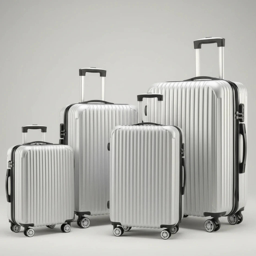 Aeria Prestige The Vantage 3-piece silver hardside luggage set, sizes 20, 24, and 28 inch.