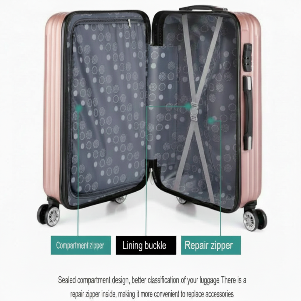 Technical view of an open Rose Gold Aeria Prestige The Vantage hardshell suitcase on a white background, highlighting the compartment zipper, lining buckle, and repair zipper features.