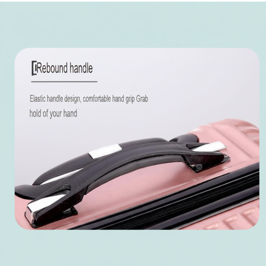 Close-up of a pink Aeria Prestige hardshell suitcase handle with black elastic rebound grips and zipper trim, featuring the elastic handle design.