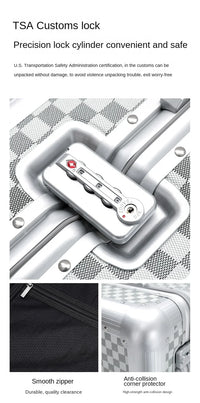 Detail of the dual TSA mechanical latches, moisture gasket seal, and riveted armor corner guards on The Monarch aluminum suitcase frame.