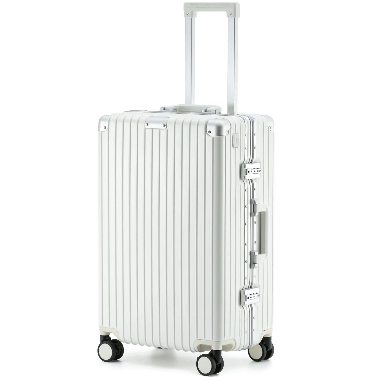 Full-length side view of The Aero-PC Vanguard — Carbon-Texture Frame Case in the clean Alabaster White finish. Designed by AERIA PRESTIGE, this travel case features a high-resilience PC-Matrix shell, a heavy-duty Aero-Aluminum zipperless frame, and integrated dual-latch TSA security locks, combining pure aesthetics with durable performance.