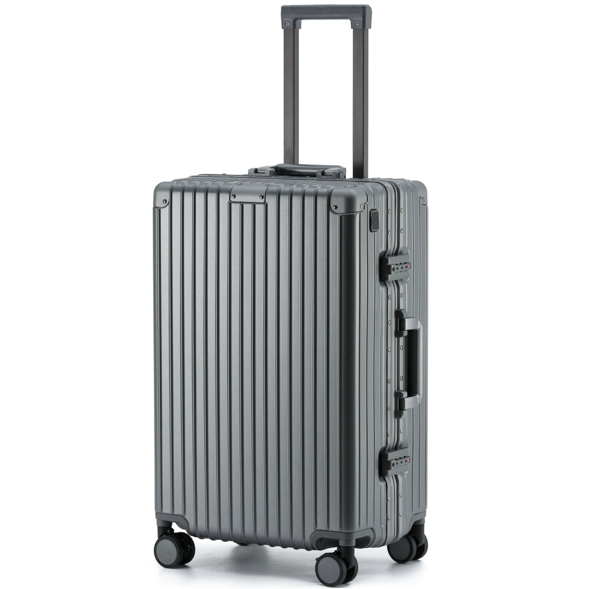 Full-length side view of The Aero-PC Vanguard — Carbon-Texture Frame Case in the sophisticated Astral Grey finish. Crafted by AERIA PRESTIGE, this high-resilience travel case features a satin diamond-grey finish with micro-carbon texture, a heavy-duty Aero-Aluminum zipperless frame, and integrated dual-latch TSA security locks for premium transit protection.