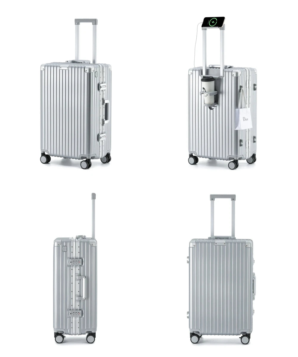 Composite product views of The Aero-PC Vanguard — Carbon-Texture Frame Case in Palladium Silver. This image highlights the suite of executive utilities, including the integrated power gateway for fast-charging, the flush-fit rear utility holder for beverages, and the secure dual-latch zipperless mechanical closure system.