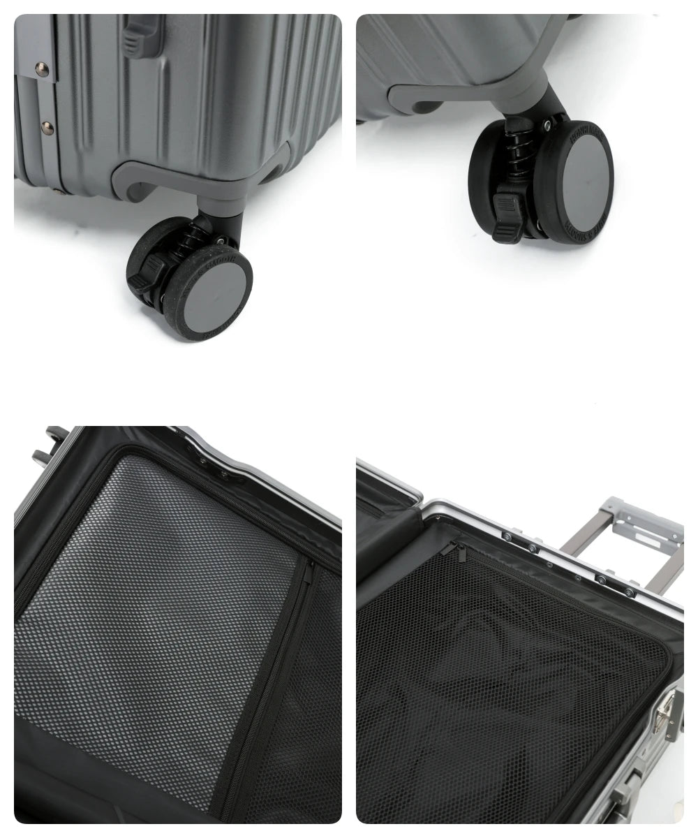 Close-up composite views of The Aero-PC Vanguard — Carbon-Texture Frame Case in Astral Grey. This image displays the durable, silent multi-directional spinner wheel system and the modular interior compartment featuring high-density mesh compression panels for organized packing efficiency.
