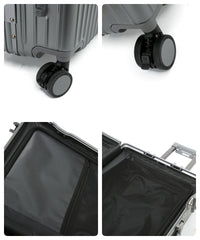Close-up composite views of The Aero-PC Vanguard — Carbon-Texture Frame Case in Astral Grey. This image displays the durable, silent multi-directional spinner wheel system and the modular interior compartment featuring high-density mesh compression panels for organized packing efficiency.