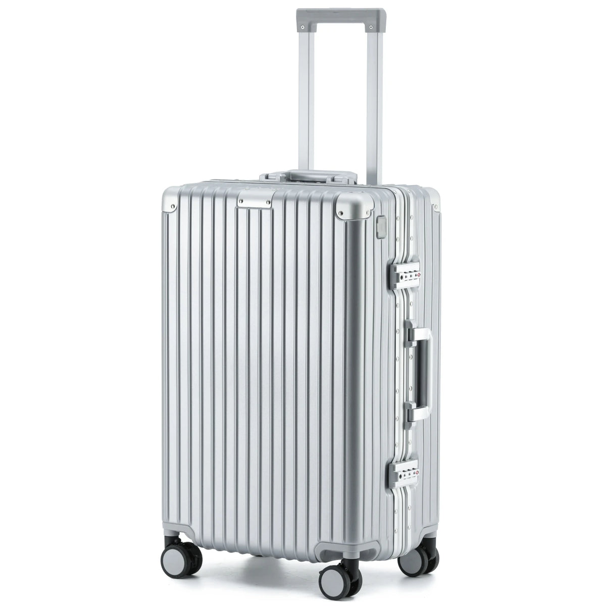 Full-length side view of The Aero-PC Vanguard — Carbon-Texture Frame Case in the polished Palladium Silver finish. This high-resilience travel case by AERIA PRESTIGE features a multi-layered PC-Matrix shell, a heavy-duty Aero-Aluminum zipperless frame, and integrated dual-latch TSA security locks for rapid, secure access.