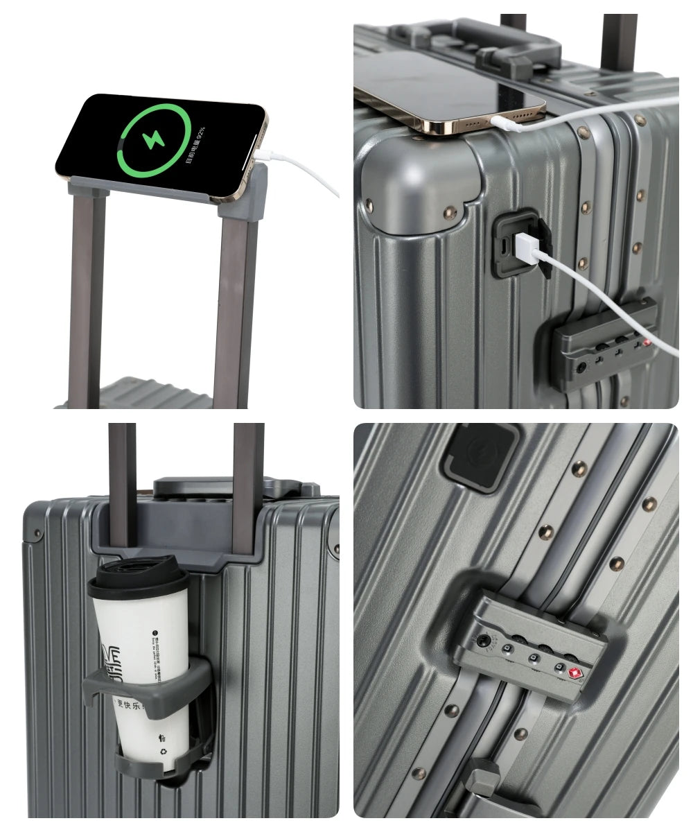 Close-up composite views of The Aero-PC Vanguard — Carbon-Texture Frame Case in Astral Grey, detailing its executive utilities. The image highlights the integrated USB fast-charge power gateway with a connected smartphone, the flush-fit fold-out utility holder containing a travel mug, and a detailed view of the dual-latch keyless TSA-approved locking system.