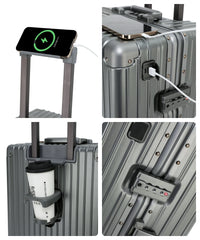 Close-up composite views of The Aero-PC Vanguard — Carbon-Texture Frame Case in Astral Grey, detailing its executive utilities. The image highlights the integrated USB fast-charge power gateway with a connected smartphone, the flush-fit fold-out utility holder containing a travel mug, and a detailed view of the dual-latch keyless TSA-approved locking system.
