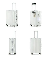 Composite product views of The Aero-PC Vanguard — Carbon-Texture Frame Case in Alabaster White. This visual summary showcases the suitcase from multiple angles, highlighting its signature executive utilities including the integrated fast-charge power gateway and the flush-fit rear utility holder, all set against a clean, premium off-white finish.