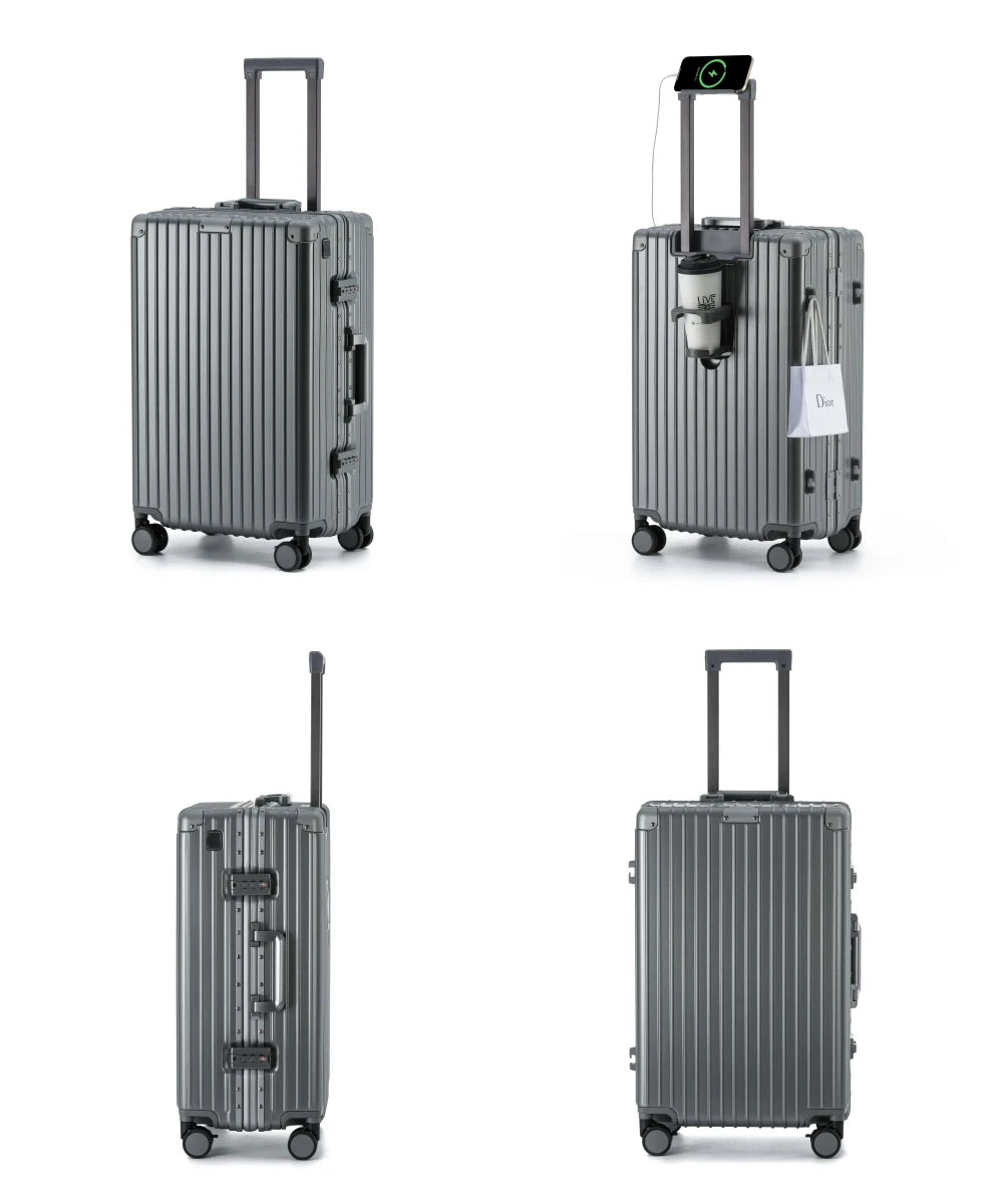 Composite product views of The Aero-PC Vanguard — Carbon-Texture Frame Case in Astral Grey. This visual overview highlights the suitcase's high-resilience design, featuring the integrated power gateway with a phone charging, the flush-fit fold-out utility holder for a travel mug, and a clear view of the secure dual-latch zipperless frame system.