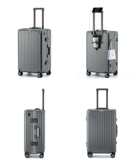 Composite product views of The Aero-PC Vanguard — Carbon-Texture Frame Case in Astral Grey. This visual overview highlights the suitcase's high-resilience design, featuring the integrated power gateway with a phone charging, the flush-fit fold-out utility holder for a travel mug, and a clear view of the secure dual-latch zipperless frame system.