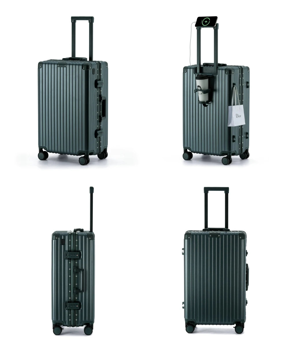 Composite product views of The Aero-PC Vanguard — Carbon-Texture Frame Case in Emerald Jade. This visual summary showcases the suitcase's high-resilience design, featuring the integrated power gateway for fast-charging, the flush-fit fold-out utility holder, and the secure dual-latch zipperless mechanical closure system, set against a sophisticated deep forest green anodized profile.