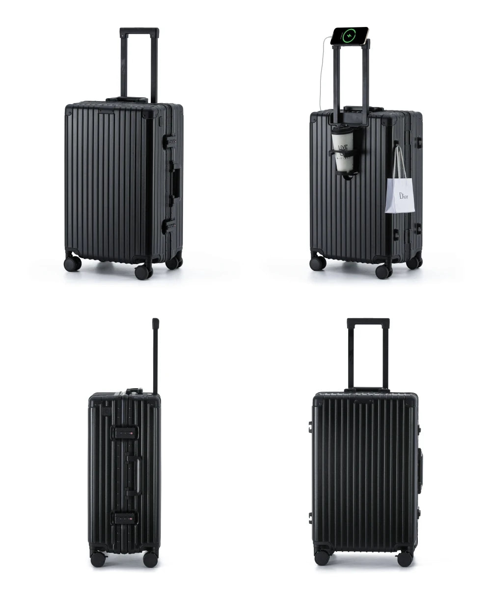 Composite product views of The Aero-PC Vanguard — Carbon-Texture Frame Case in Matte Obsidian. This visual summary showcases the suitcase's high-resilience design, featuring the integrated power gateway for fast-charging, the flush-fit fold-out utility holder, and the secure dual-latch zipperless mechanical closure system, all set against a deep volcanic matte black finish.