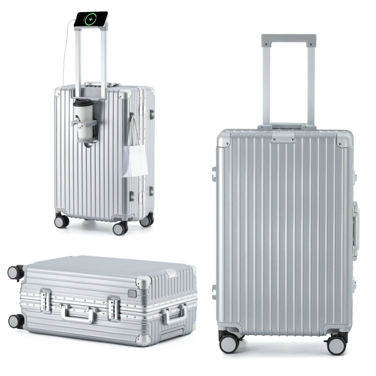 Composite product view of The Aero-PC Vanguard — Carbon-Texture Frame Case in Palladium Silver. The image displays the suitcase from three angles: a rear view highlighting the integrated power gateway with a phone charging, a side view showing the fold-out utility holder with a cup, and a front three-quarter view.