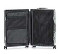 Full-length interior view of The Aero-PC Vanguard, showcasing the high-resilience organizational system. The suitcase is open to reveal dual high-density mesh compression panels and integrated zippered storage pockets, designed to secure packed items and maximize space efficiency for the agile traveler.