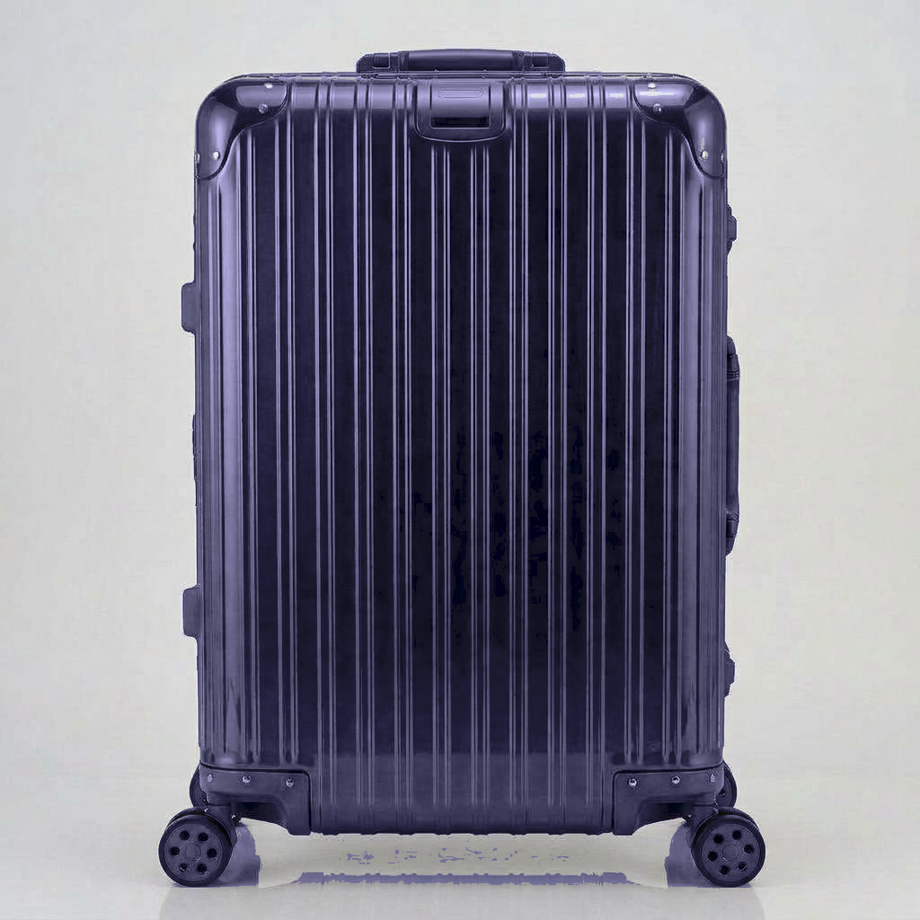 Front view of The Masterpiece Legacy aluminum luggage by AERIA PRESTIGE in Abyssal Blue, highlighting the premium zipperless aerospace-grade alloy hardshell and silent multi-directional spinner wheels.