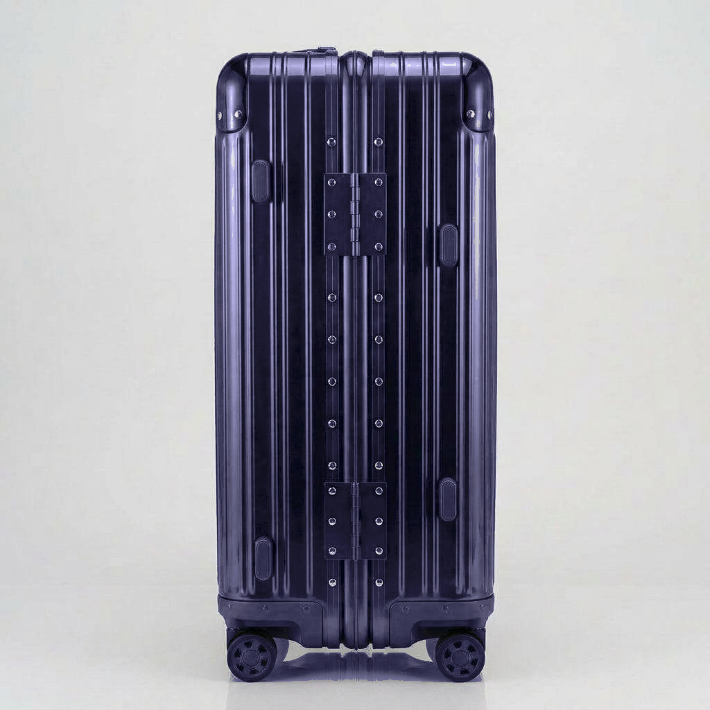 Side view of The Masterpiece Legacy aluminum luggage by AERIA PRESTIGE in Abyssal Blue, highlighting the heavy-duty zipperless frame, reinforced hinges, and durable aerospace-grade alloy construction.