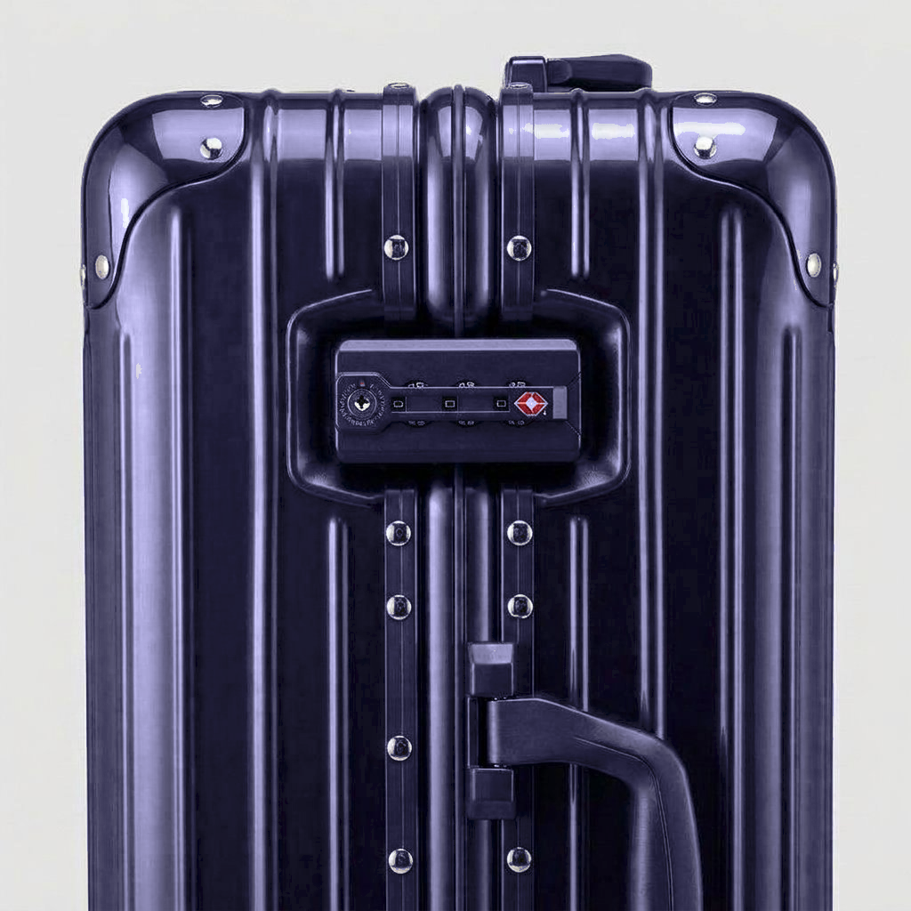 Close-up of the integrated TSA-approved combination lock on The Masterpiece Legacy aluminum luggage by AERIA PRESTIGE in Abyssal Blue, showcasing bank-grade security and precision engineering.