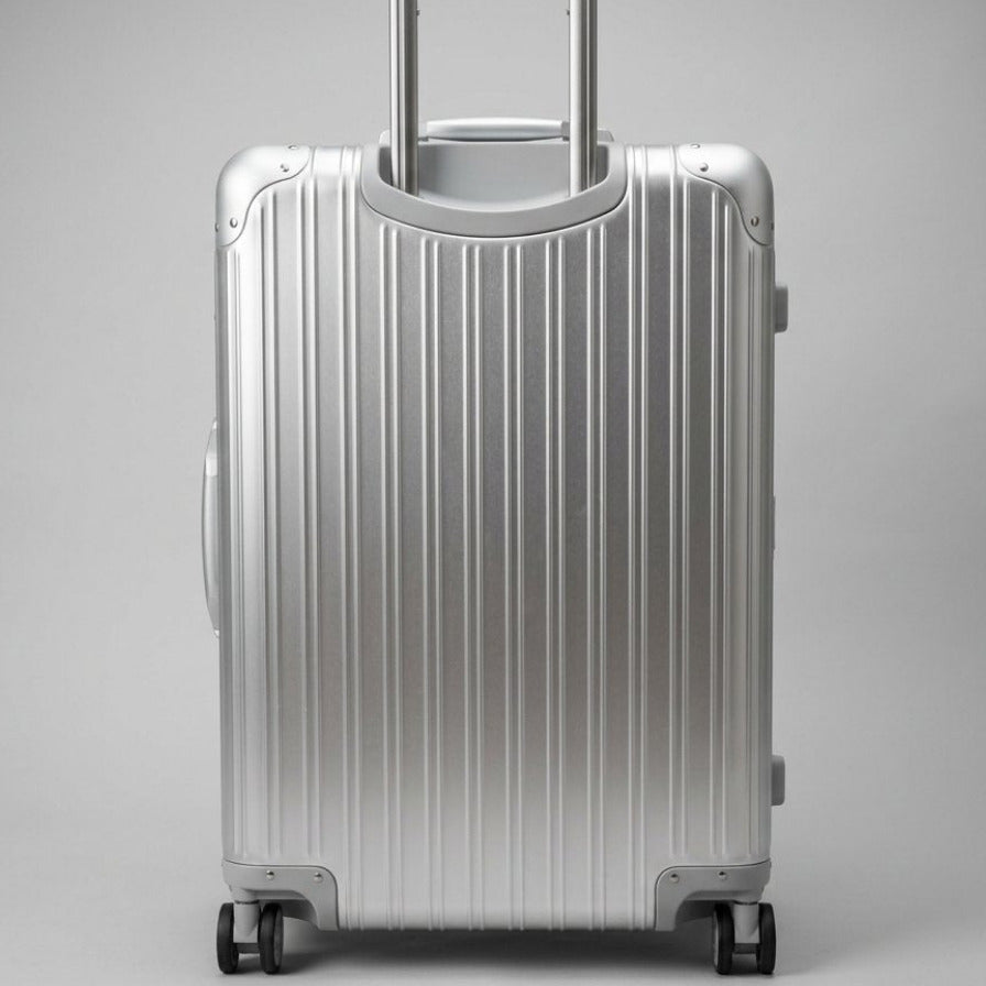A full-length, straight-on rear view of The Masterpiece — The Legacy aluminum-magnesium alloy suitcase in a brushed Sterling Silver finish, set against a neutral studio background. The telescopic handle is fully extended upwards from the top of the case. The grooved texture of the metallic shell and the four dual-bearing multi-directional spinner wheels at the base are clearly visible. No external branding is present on the casing.