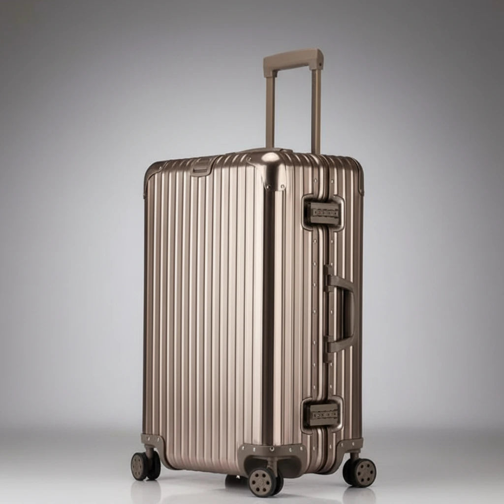 Full-length side view of The Masterpiece — The Legacy Aluminum Luggage in a sophisticated bronze finish. As part of the AERIA PRESTIGE Titan Series, this premium case features a durable 100% aluminum-magnesium alloy chassis, silent multi-directional wheels, and integrated TSA-approved locks, engineered for elite executive travel.