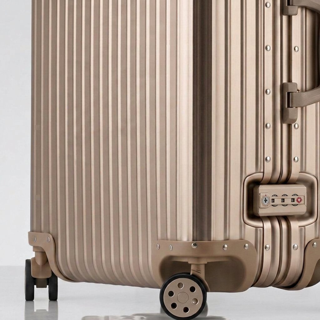 Close-up view of the integrated TSA-approved lock and silent multi-directional spinner wheels on The Masterpiece Legacy aluminum luggage by AERIA PRESTIGE in Aureum Gold.