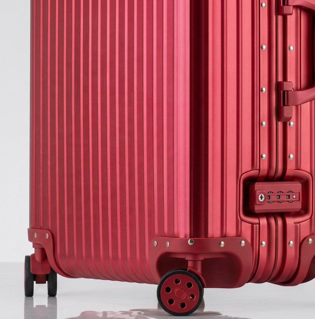 Close-up view of the integrated TSA-approved lock and silent multi-directional spinner wheels on The Masterpiece Legacy aluminum luggage by AERIA PRESTIGE in Imperial Red.