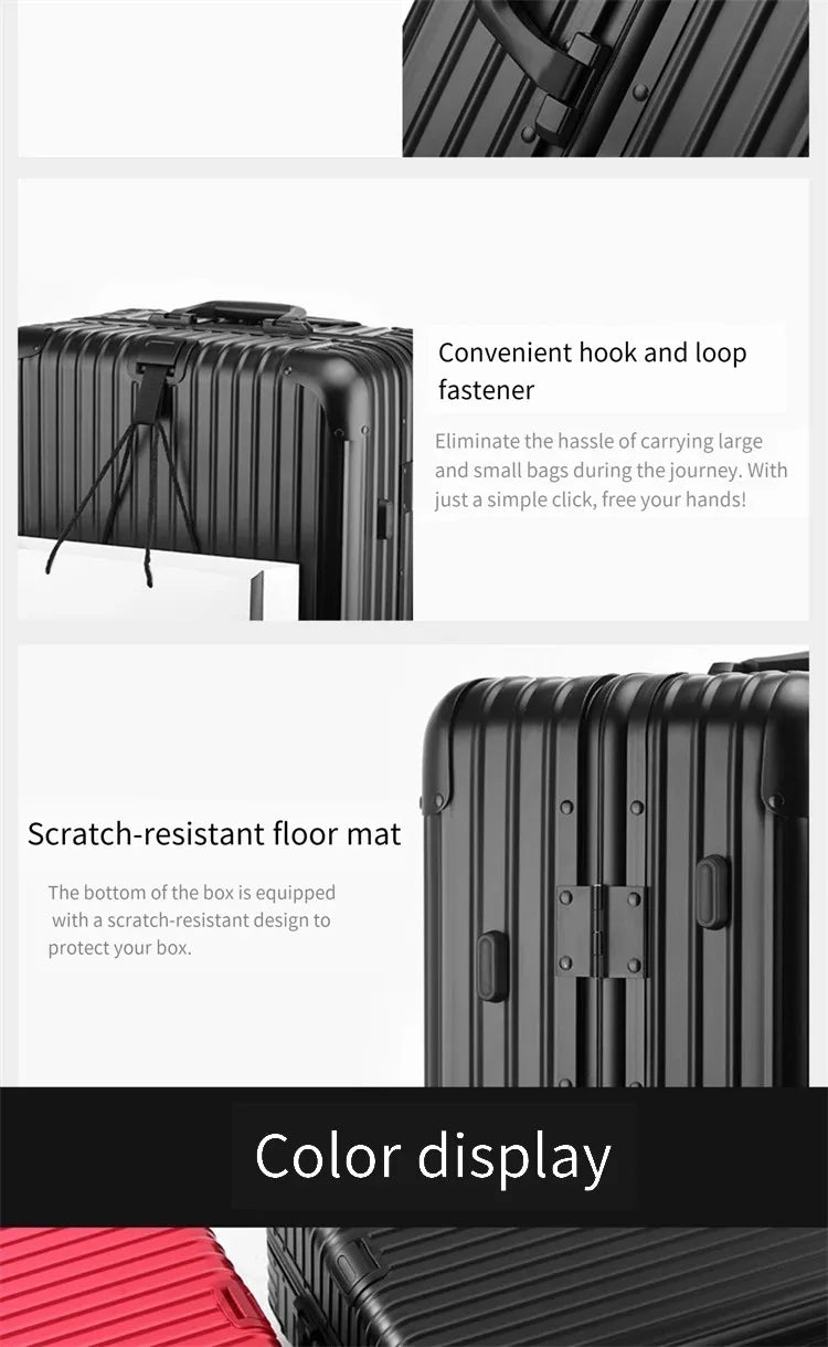 Composite product feature image for The Masterpiece — The Legacy Aluminum Luggage. It highlights a retractable add-a-bag hook, protective scratch-resistant floor studs, and a color display showing the metallic finish options of the AERIA PRESTIGE series.