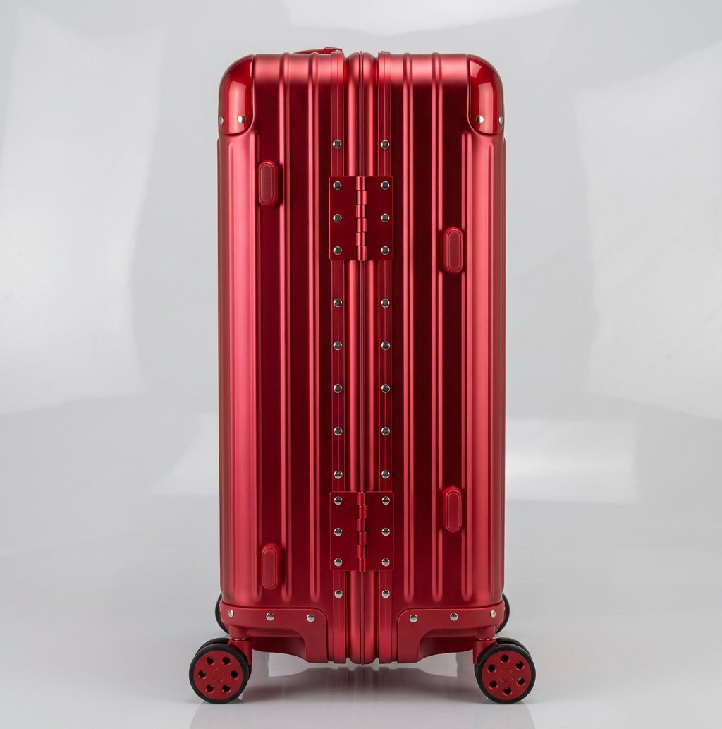 Side view of The Masterpiece Legacy aluminum luggage by AERIA PRESTIGE in Imperial Red, highlighting the heavy-duty zipperless frame, reinforced hinges, and durable aerospace-grade alloy construction.