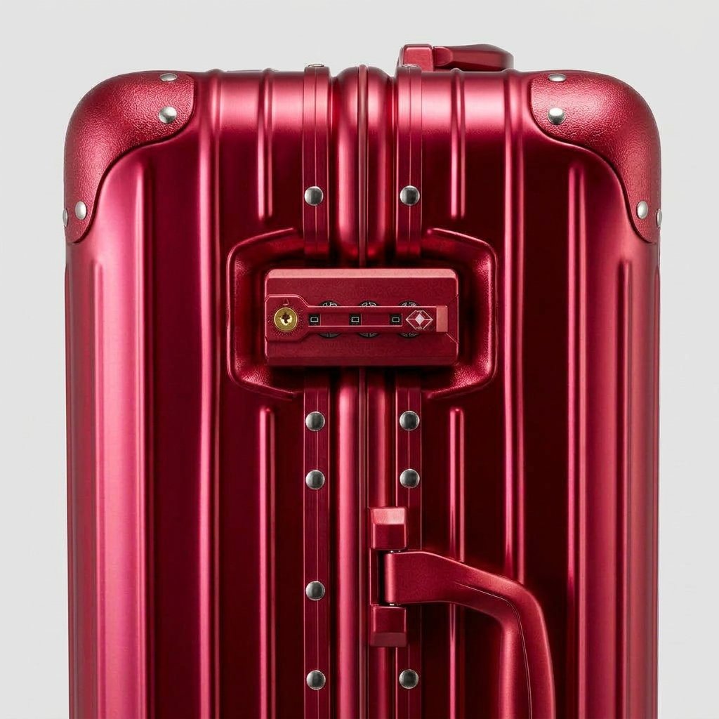 Close-up of the integrated dual TSA-approved combination locks on The Masterpiece Legacy aluminum luggage by AERIA PRESTIGE in Imperial Red, showcasing bank-grade security and precision engineering.