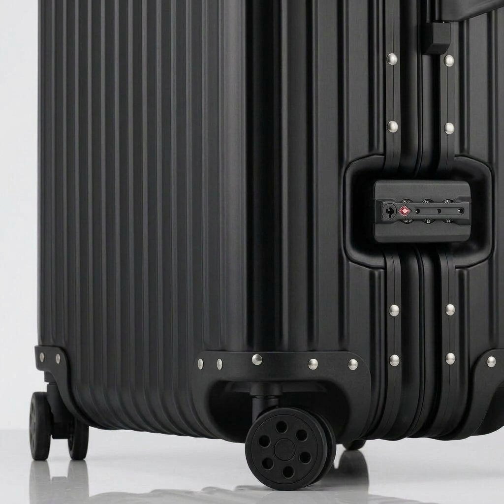 Close-up view of the integrated TSA-approved lock and silent multi-directional spinner wheels on The Masterpiece Legacy aluminum luggage by AERIA PRESTIGE in Matte Black.