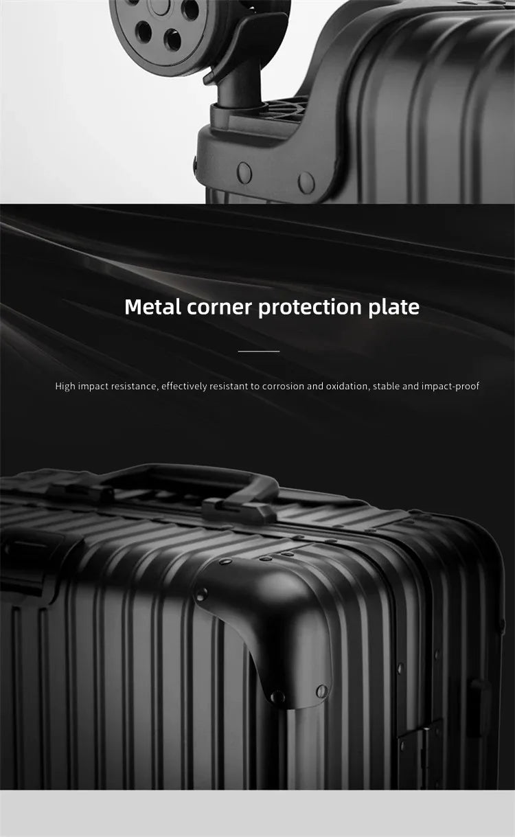 Detail view of the heavy-duty metal corner protection plate on The Masterpiece — The Legacy Aluminum Luggage. This image showcases the high-impact resistant, oxidation-proof design of the AERIA PRESTIGE Titan Series, emphasizing the durable aerospace-grade aluminum construction.