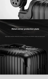 Detail view of the heavy-duty metal corner protection plate on The Masterpiece — The Legacy Aluminum Luggage. This image showcases the high-impact resistant, oxidation-proof design of the AERIA PRESTIGE Titan Series, emphasizing the durable aerospace-grade aluminum construction.