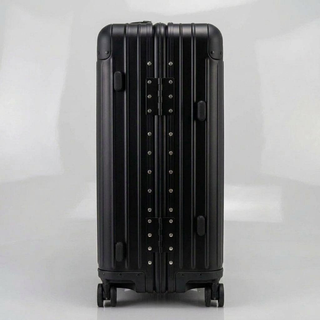 Side view of The Masterpiece Legacy aluminum luggage by AERIA PRESTIGE in Obsidian Black, featuring a durable zipperless aerospace-grade alloy frame and reinforced hinges.