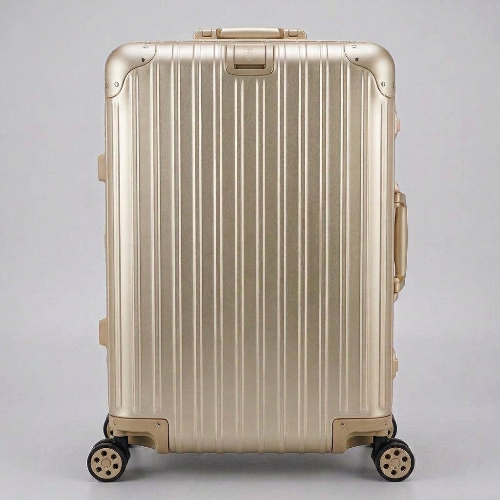 Front view of The Masterpiece Legacy aluminum luggage by AERIA PRESTIGE in Rose Champagne, featuring a premium zipperless aerospace-grade alloy hardshell and silent multi-directional spinner wheels.