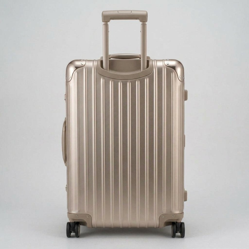 Rear view of The Masterpiece Legacy aluminum luggage by AERIA PRESTIGE in Rose Champagne, showing the fully extended telescopic trolley handle, aerospace-grade alloy hardshell, and silent multi-directional spinner wheels.