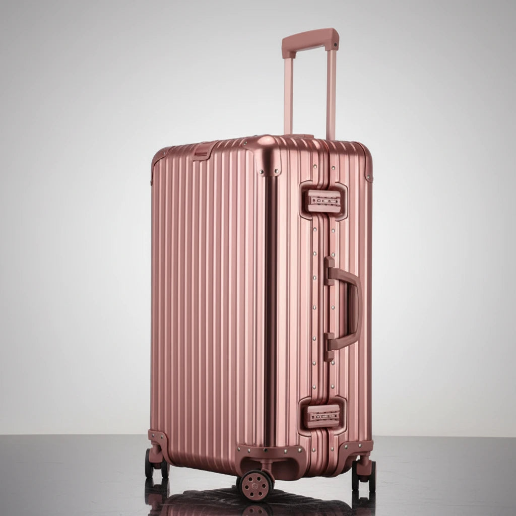 Full-length side view of The Masterpiece — The Legacy Aluminum Luggage in the Rose Champagne finish. Part of the AERIA PRESTIGE Titan Series, this luxury travel case features an aerospace-grade aluminum-magnesium alloy shell, silent swivel wheels, and dual TSA-approved locks, offering a distinctive blend of durability and sophisticated elegance.