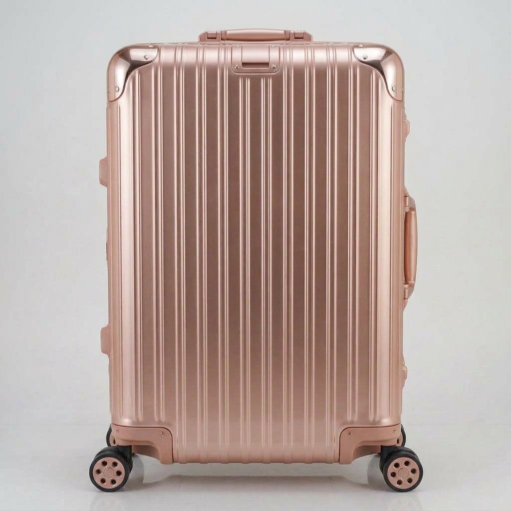 Front view of The Masterpiece Legacy aluminum luggage by AERIA PRESTIGE in Rose Gold, featuring a premium zipperless aerospace-grade alloy hardshell and silent multi-directional spinner wheels.