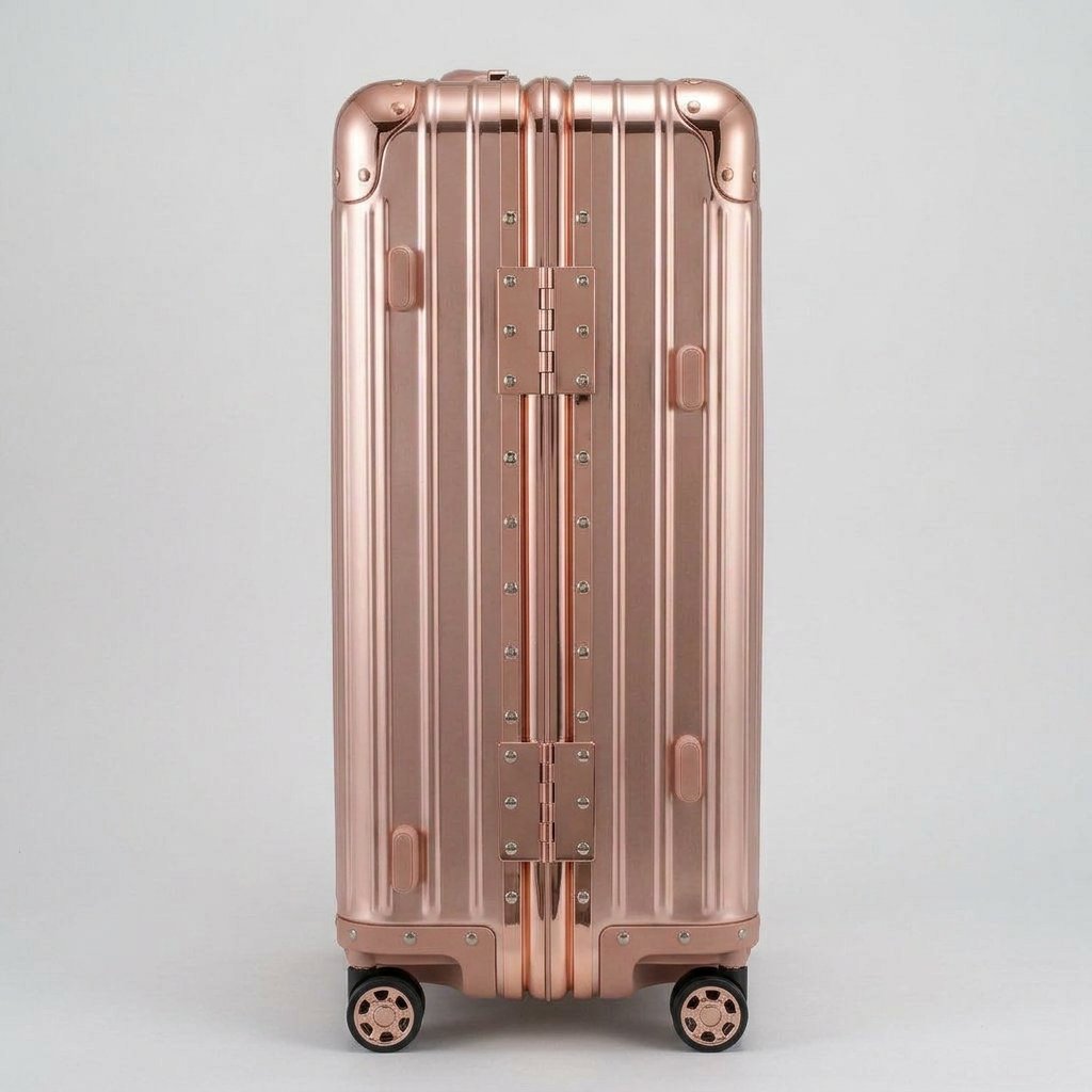 Side view of The Masterpiece Legacy aluminum luggage by AERIA PRESTIGE in Rose Gold, featuring a robust zipperless frame, reinforced hinges, and premium aerospace-grade alloy construction.