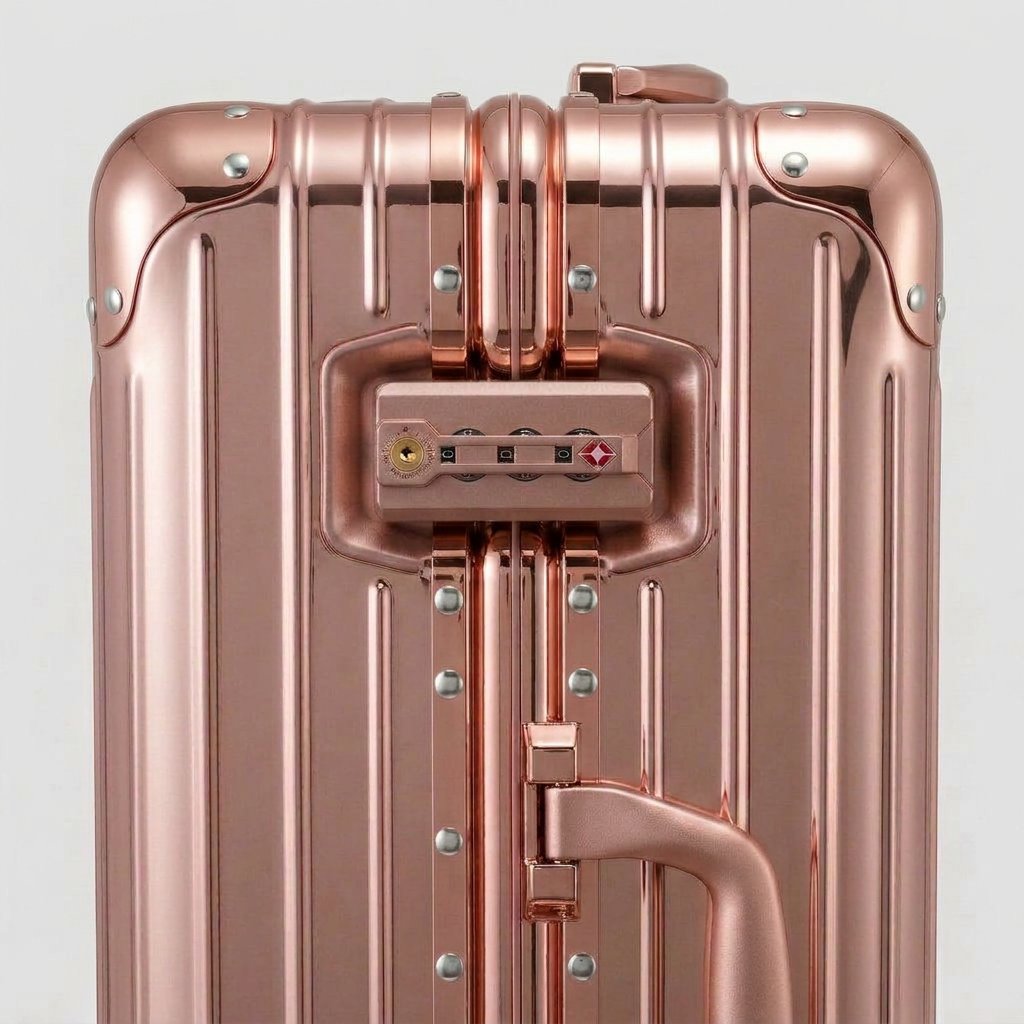 Close-up of the integrated dual TSA-approved combination locks on The Masterpiece Legacy aluminum luggage by AERIA PRESTIGE in Rose Gold, showcasing precision engineering and bank-grade security.
