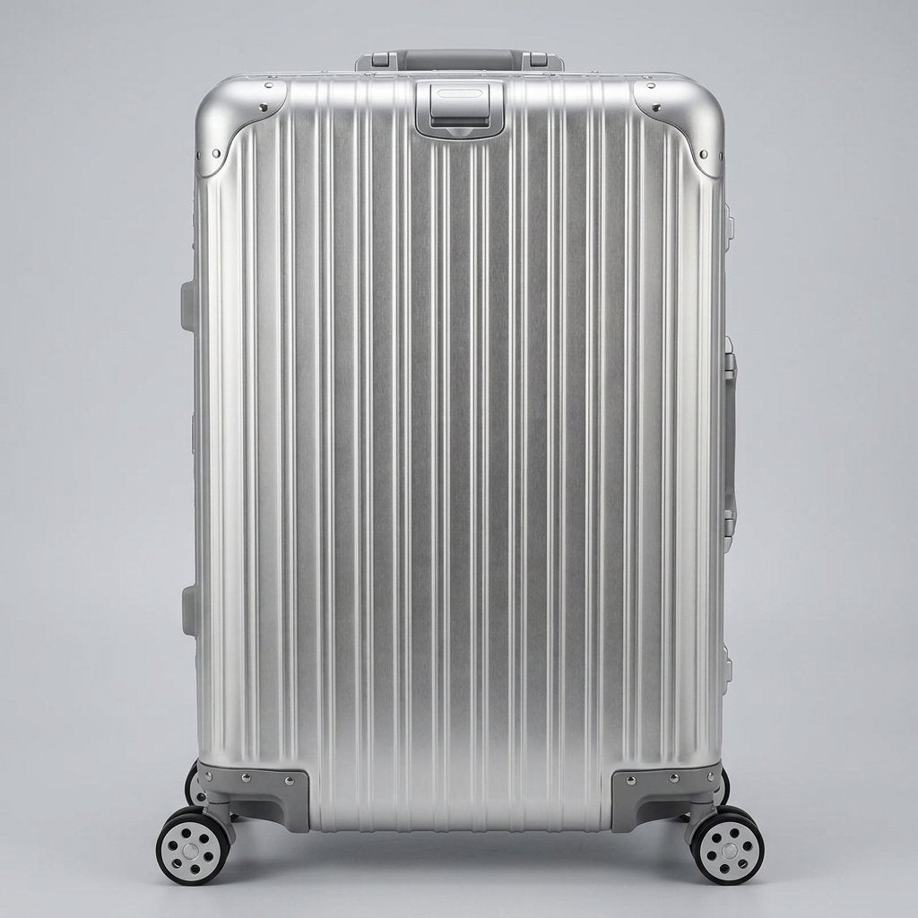 Front view of The Masterpiece Legacy aluminum luggage by AERIA PRESTIGE in Sterling Silver, featuring a premium zipperless aerospace-grade alloy hardshell and silent multi-directional spinner wheels.