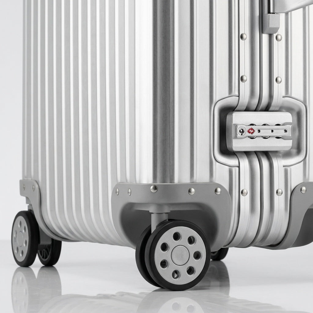 Close-up view of the integrated TSA-approved lock and silent multi-directional spinner wheels on The Masterpiece Legacy aluminum luggage by AERIA PRESTIGE in Sterling Silver.