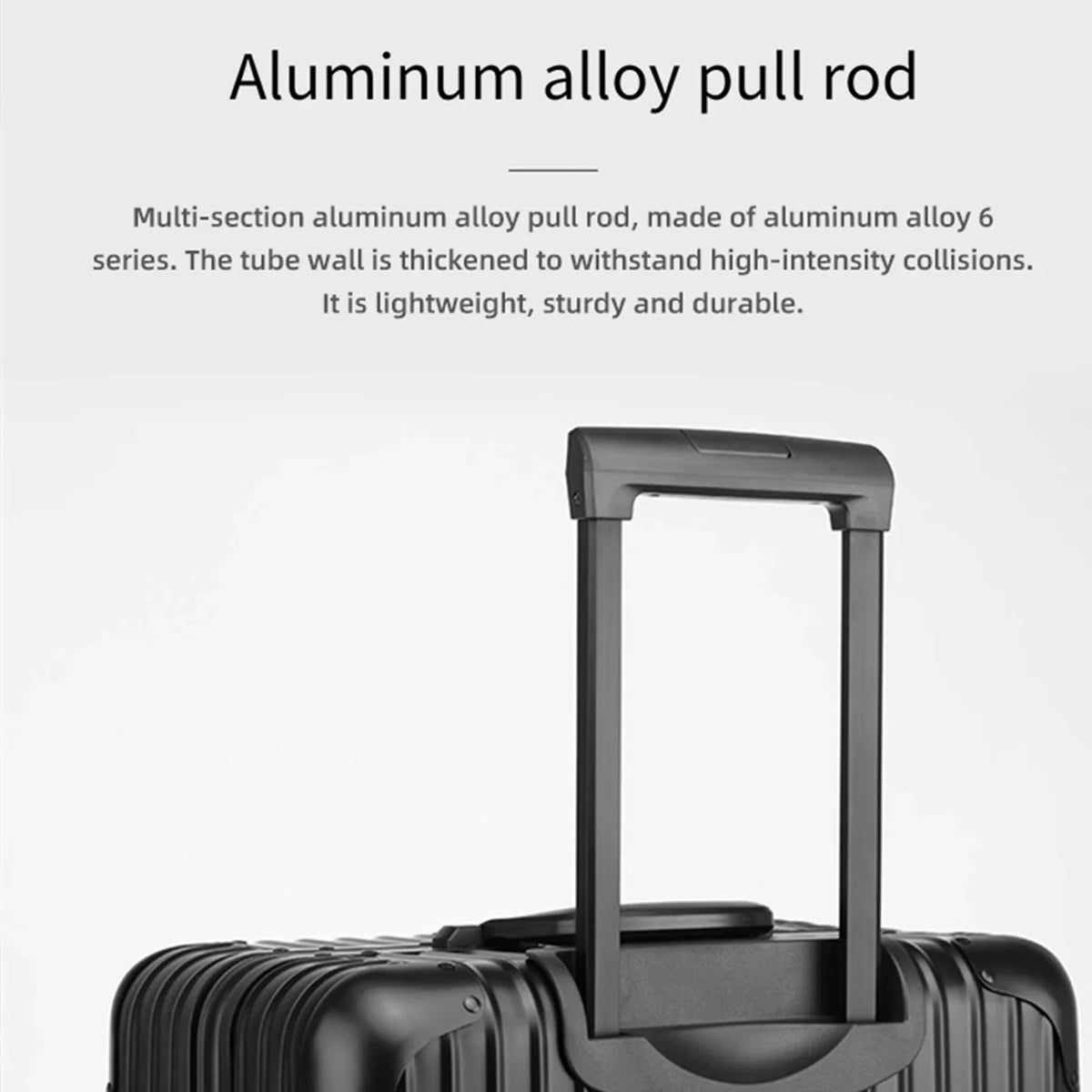 Close-up of the professional multi-section aluminum alloy pull rod on The Masterpiece — The Legacy Aluminum Luggage by AERIA PRESTIGE. This durable, thickened 6-series aluminum handle is engineered for high-intensity travel, offering a lightweight yet sturdy grip for effortless navigation.