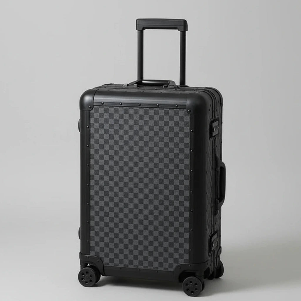 The Monarch premium aluminum suitcase in Midnight Onyx, featuring a reinforced zipperless frame, curated and certified by AERIA Prestige.